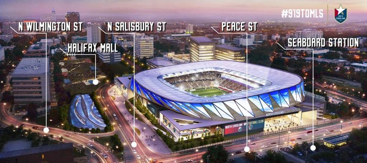 An artist’s rendering of what an MLS stadium in downtown Raleigh might look like if North Carolina Football Club plans for a public-private partnership to build the facility come to be.