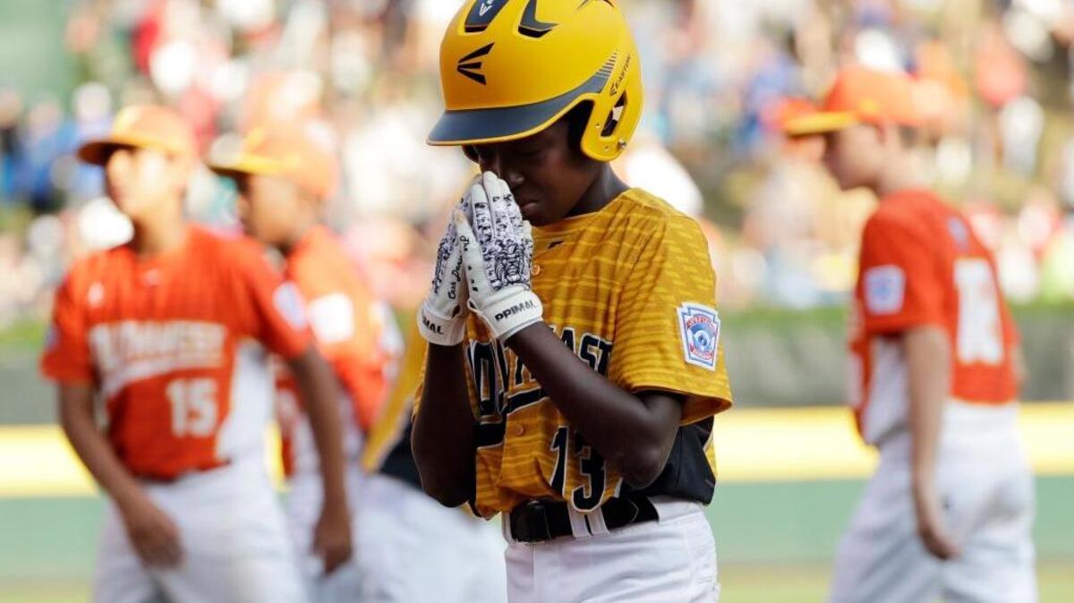 Greenville, N.C.’s Cash Daniels-Moye reacts after losing the United States Championship baseball game against Lufkin, Texas at the Little League World Series tournament, Saturday, Aug. 26, 2017, in South Williamsport, Pa. Lufkin, Texas won 6-5. (AP Photo/Matt Slocum)