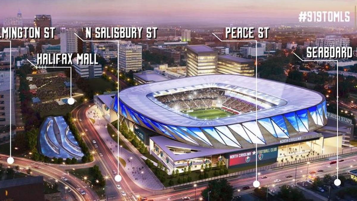 An artist’s rendering of what a Major League Soccer stadium in downtown Raleigh might look like if North Carolina Football Club plans for a public-private partnership to build the facility come to be.