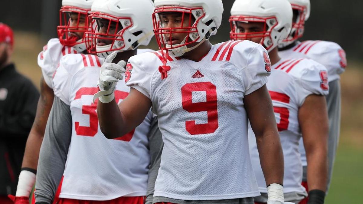 N.C. State defensive end Bradley Chubb (9) gets ready to participate in a drill during N.C. State football's third spring practice at the Curtis and Jacqueline Dail football practice complex in Raleigh on Feb. 28, 2017.