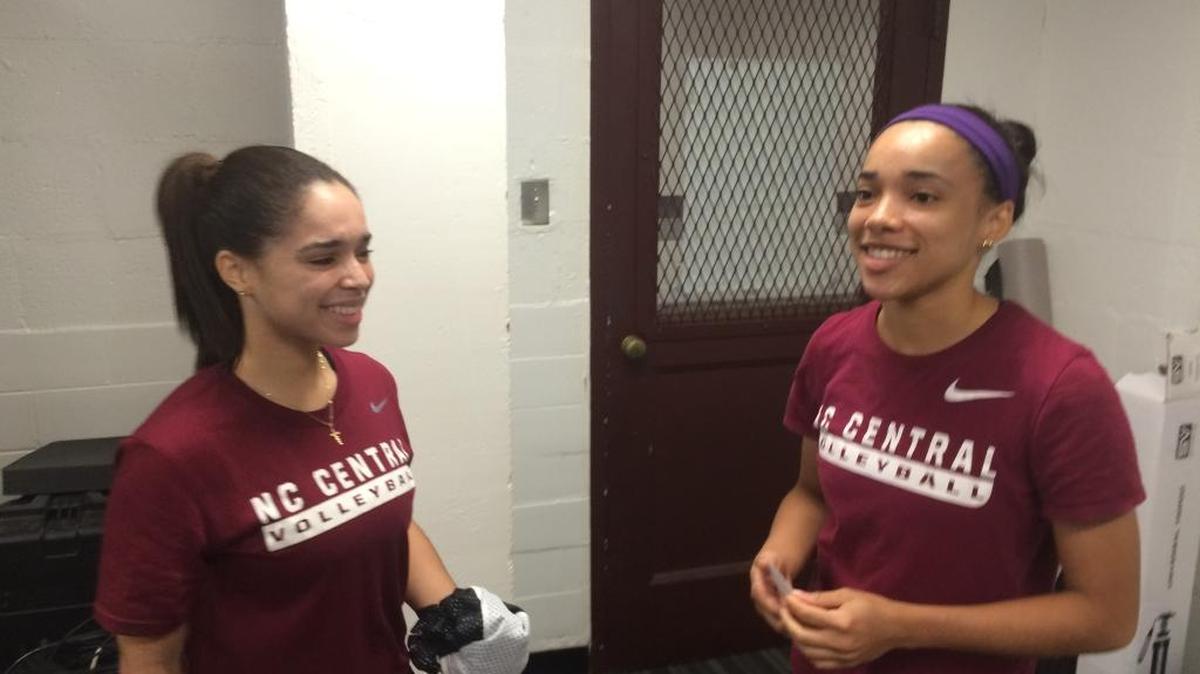 N.C. Central volleyball players Nahir (left) and Natasha Berrios Laguerre (left) grew up in Puerto Rico before moving to Raleigh.