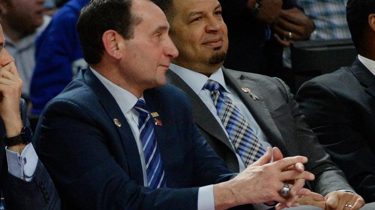 Duke associate coach Jeff Capel (right) and head coach Mike Krzyzewski smile in the closing seconds of their game against Troy. Duke won their first round game against Troy 87-65 at the NCAA tournament Friday, March 17, 2017, at the Bon Secours Wellness Arena in Greenville, S.C.