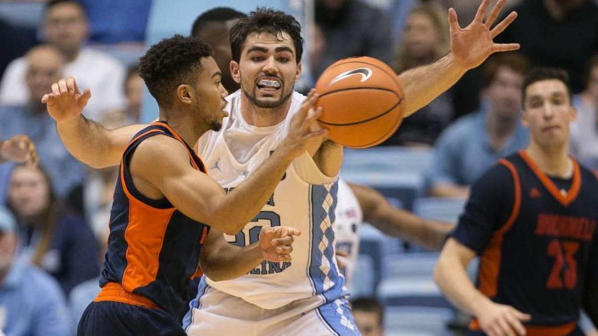 North Carolina’s Luke Maye (32) defends Bucknell’s Stephen Brown (2) during the second half on Wednesday, November 15, 2017 at the Smith Center in Chapel Hill, N.C. Maye lead the Tar Heels with 20 points in their 93-81 victory.