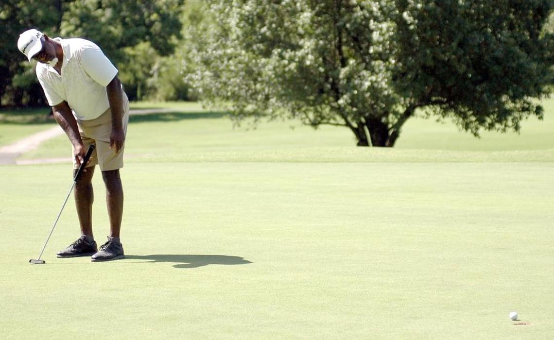 Cecil Lockley watches as ball nears the hole on Saturday, June 24, 2017 during his semifinal match at Hillandale Golf Course.